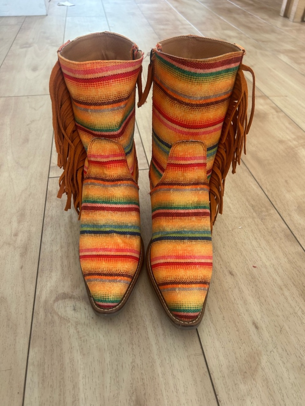 dingo Multicolor Striped Fringe Ankle Boots with Orange Accents